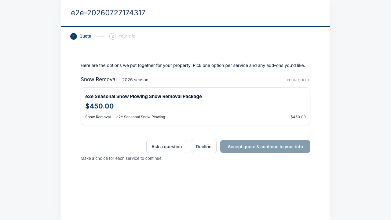 A quote open in the portal with an option selected
