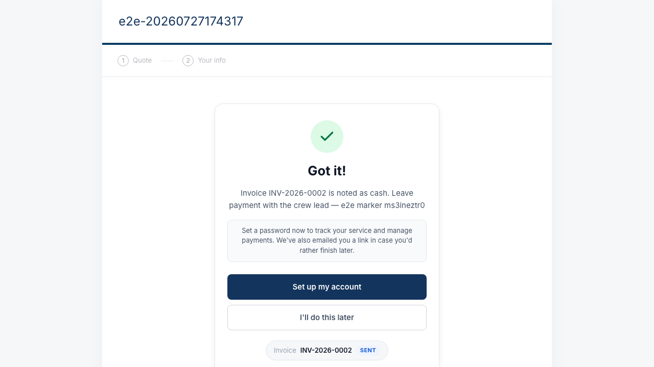 The checkout confirmation noting the payment instructions, with nothing charged